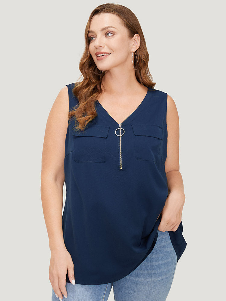 Solid Half Zipper Flap Detail Tank Top