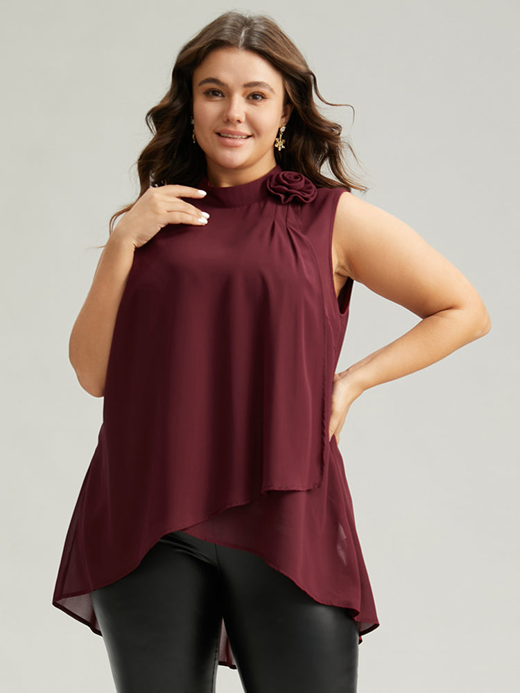 Rose Detail Layered High Low Hem Chiffon Tank Top