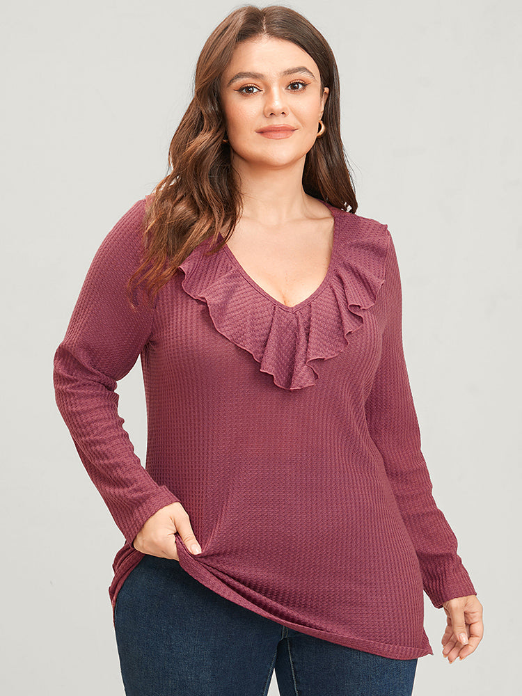 Solid Ruffle Trim V Neck Long Tee