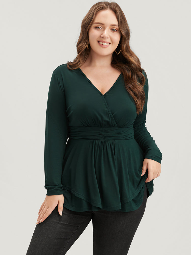 Solid Ruffle Hem Gathered Surplice Neck Long Tee