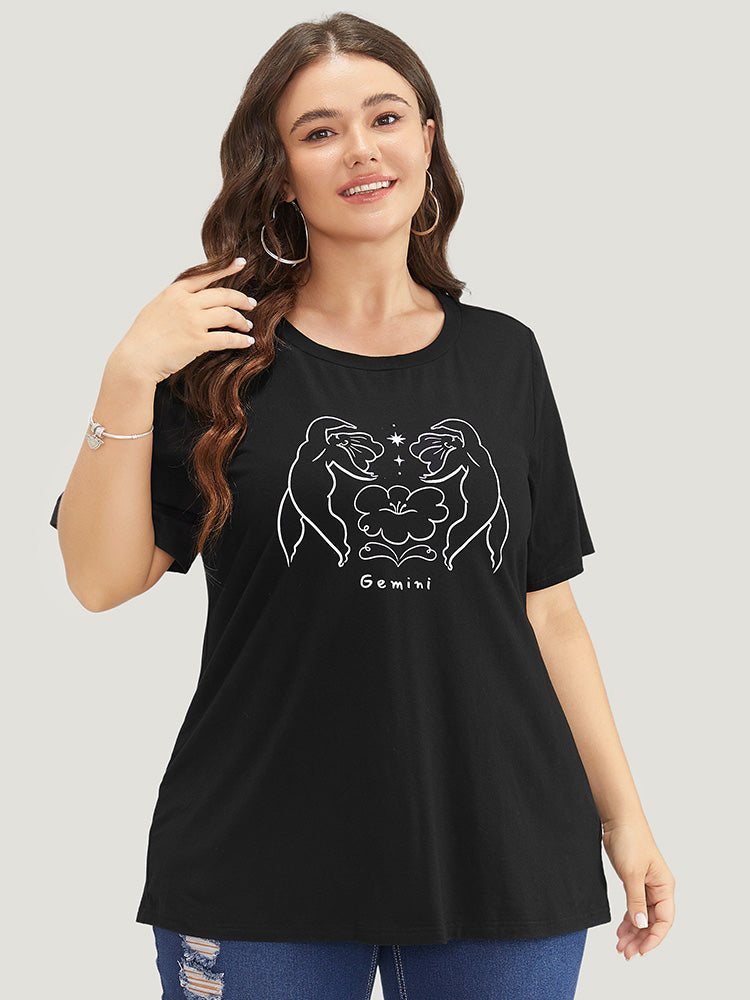 Figure & Letter Print Slightly Stretchy Zodiac T-shirt