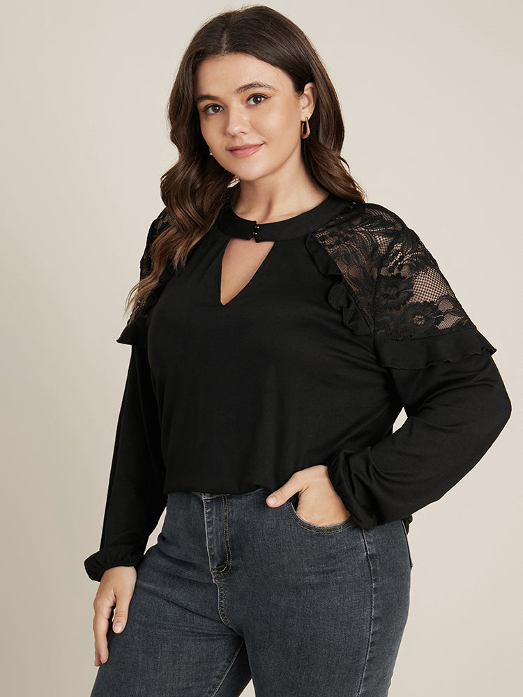 Solid Lace Ruffle Trim Keyhole Mock Neck Long Tee