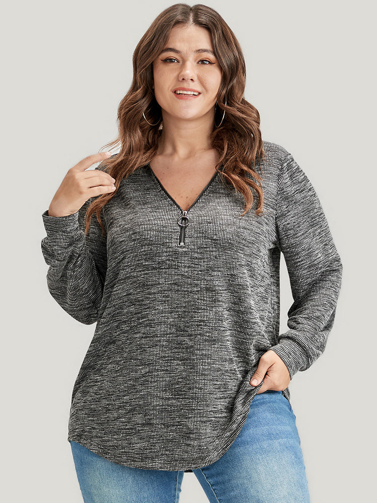 Solid O Ring Zip Rib Knit Long Tee