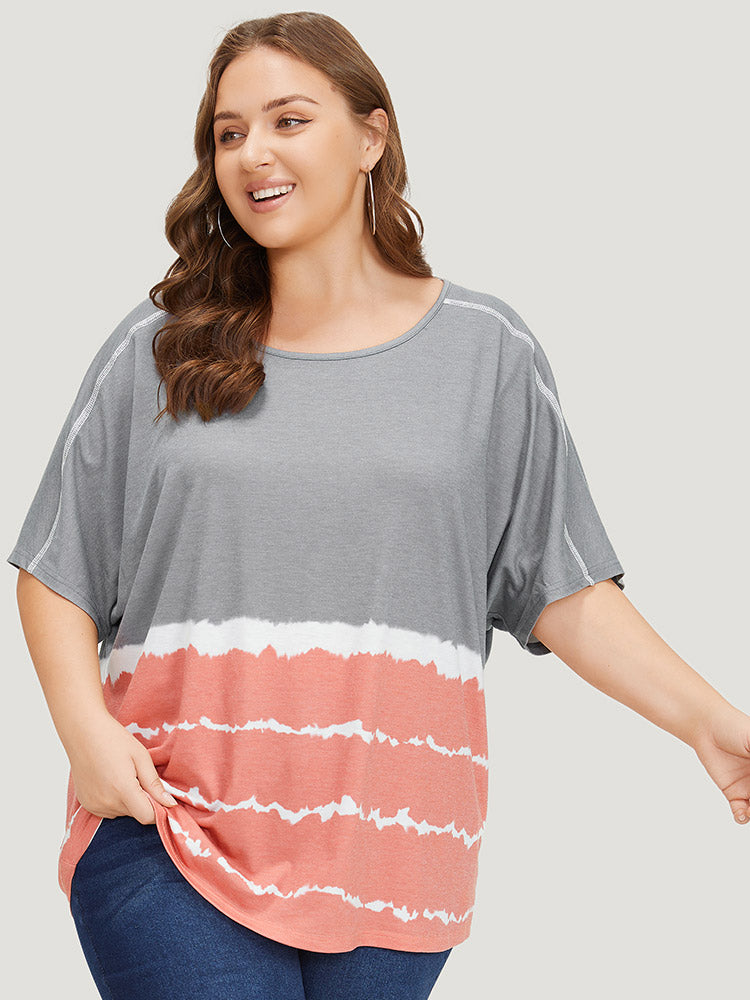 Tie Dye Contrast Stitched Batwing Sleeve Striped T-shirt