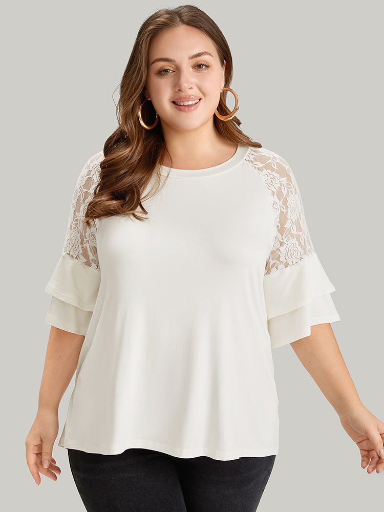 Plain Lace Mesh Round Neck Ruffle Sleeve T-shirt