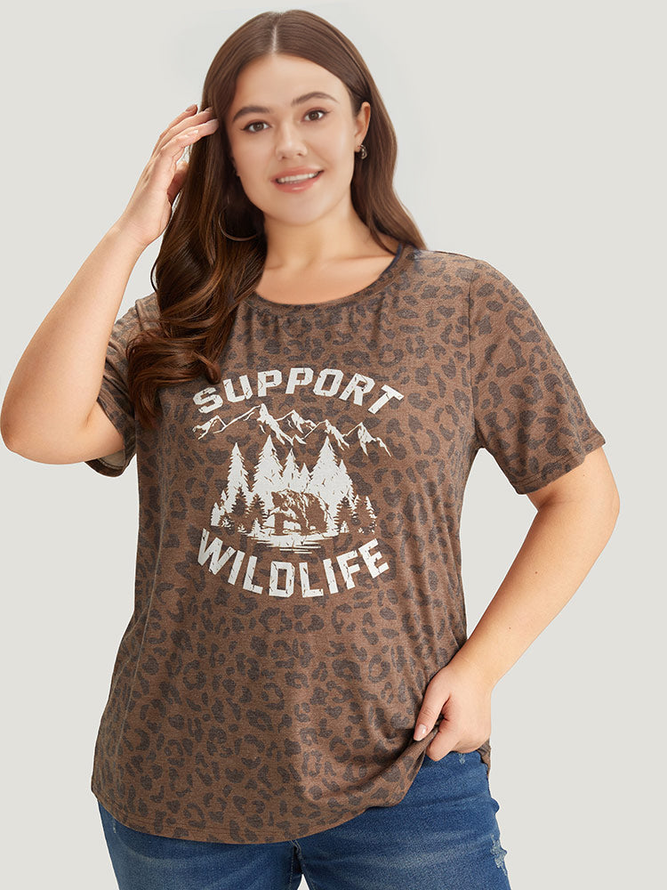 Leopard Graphic & Letter Print Crew Neck T-shirt