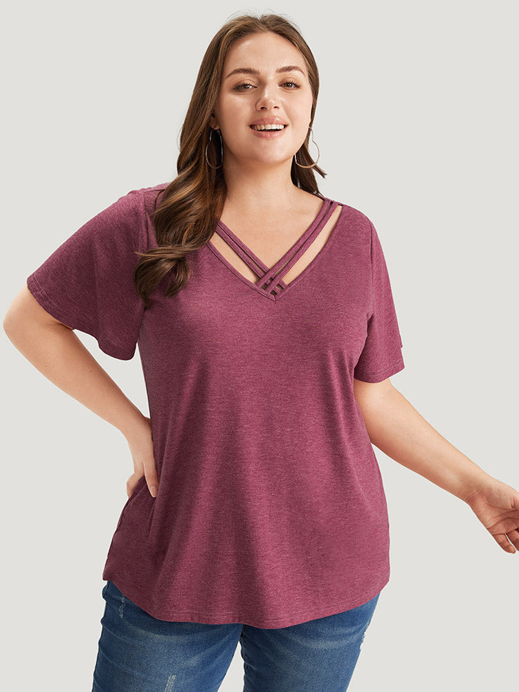 Plain Ruffle Sleeve Heather Crisscross Neck T-shirt