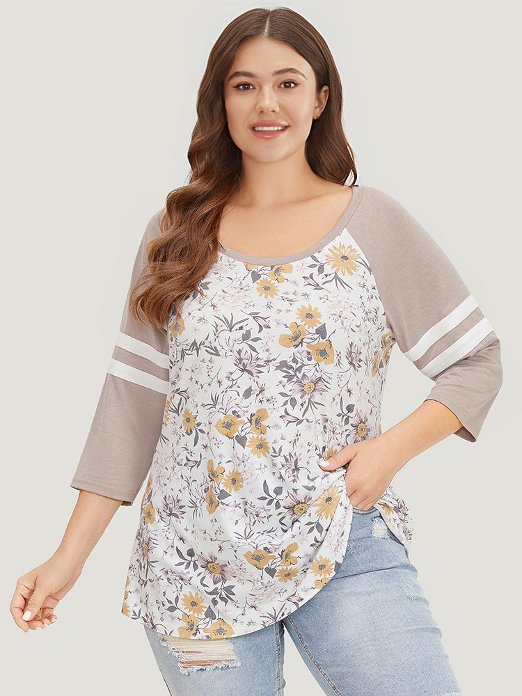 Floral Print Patchwork Raglan Sleeve T-shirt