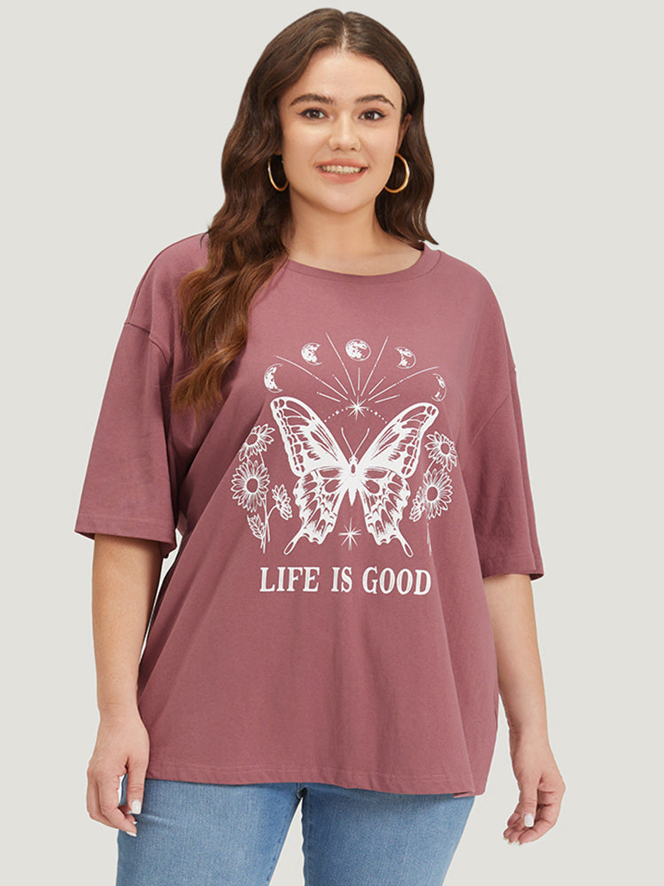 Butterfly & Moon Print Round Neck Drop Shoulder T-shirt