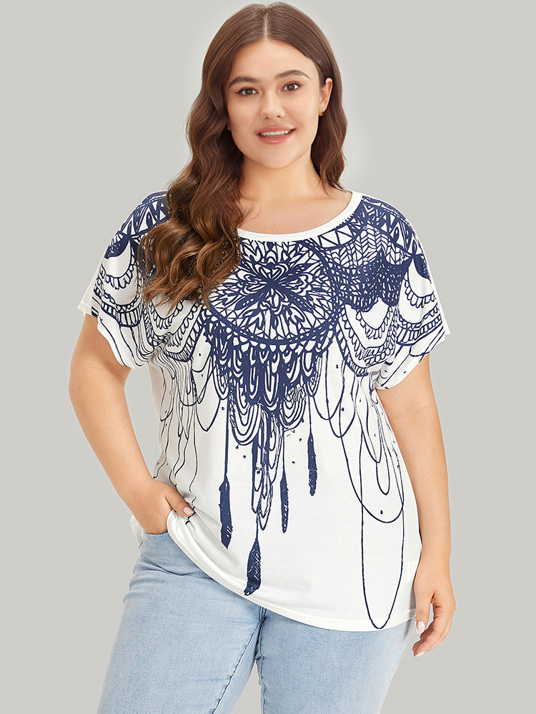 Boho Print Batwing Sleeve Crew Neck T-shirt