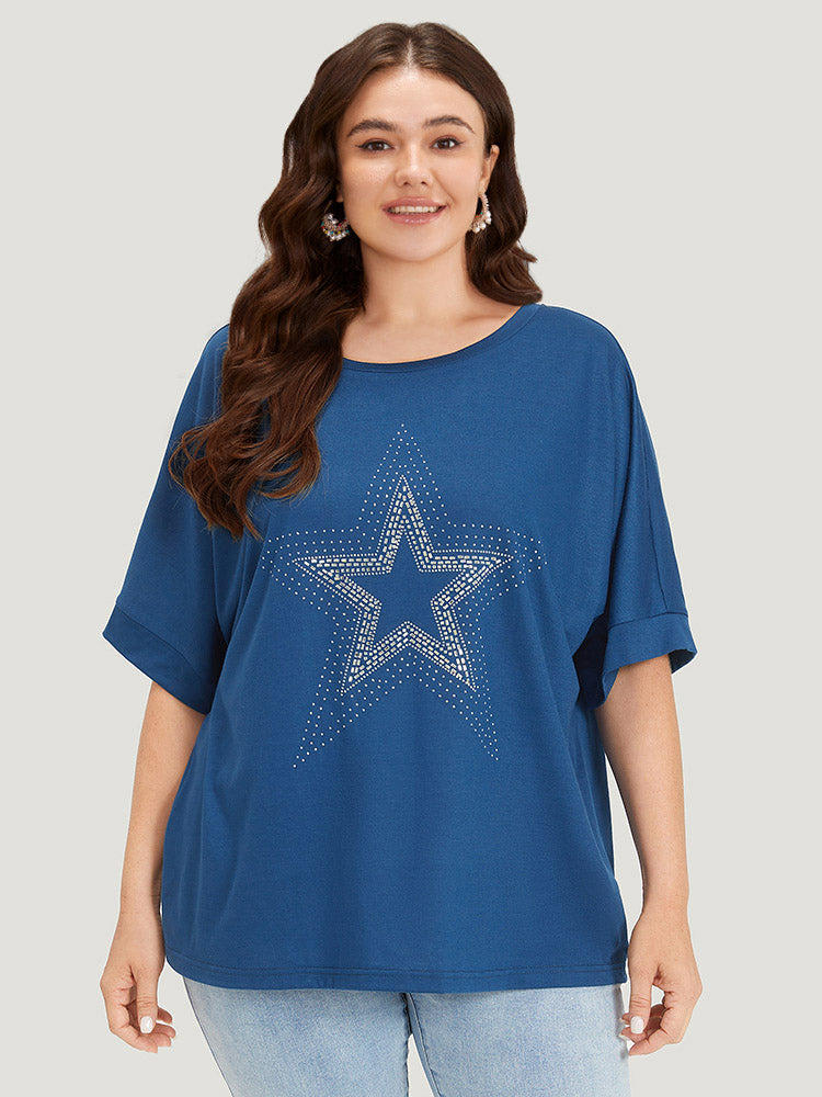 Star Rhinestone Crew Neck Roll Batwing Sleeve T-shirt