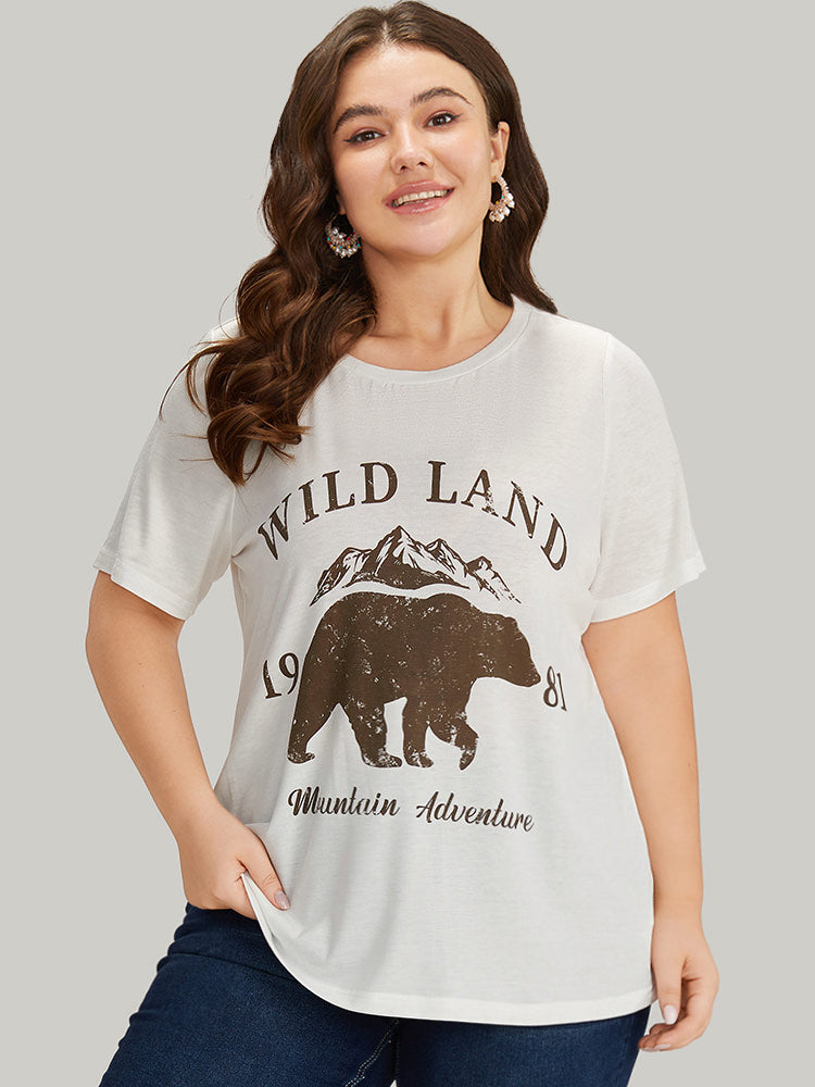 Letter & Bear Round Neck Regular Sleeve T-shirt