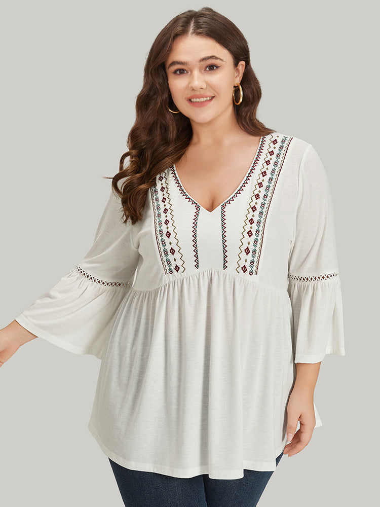 Boho Print Embroidered V Neck Gathered Bell Sleeve T-shirt