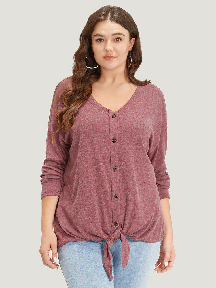 Plain Button Up Drop Shoulder Twist Hem T-shirt