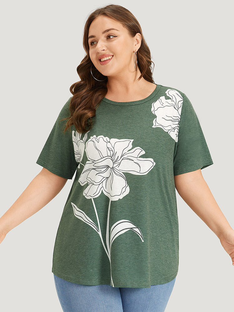 Plain Heather Floral Print Crew Neck T-shirt