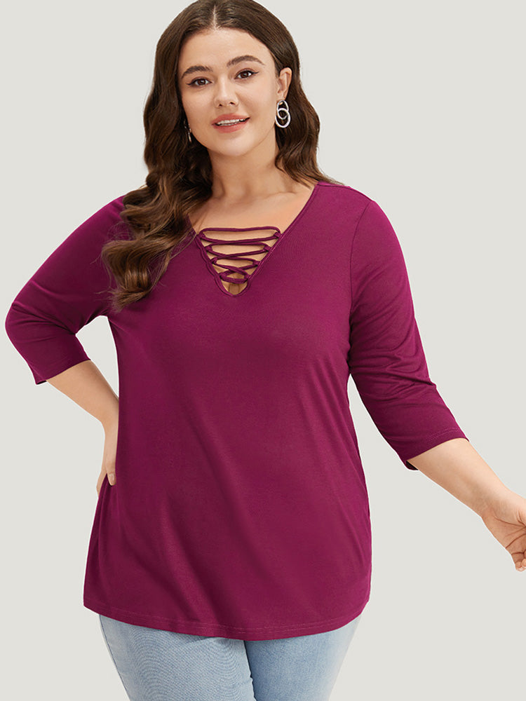 Solid Crisscross Three Quater Length Sleeve Deep V Neck T-shirt