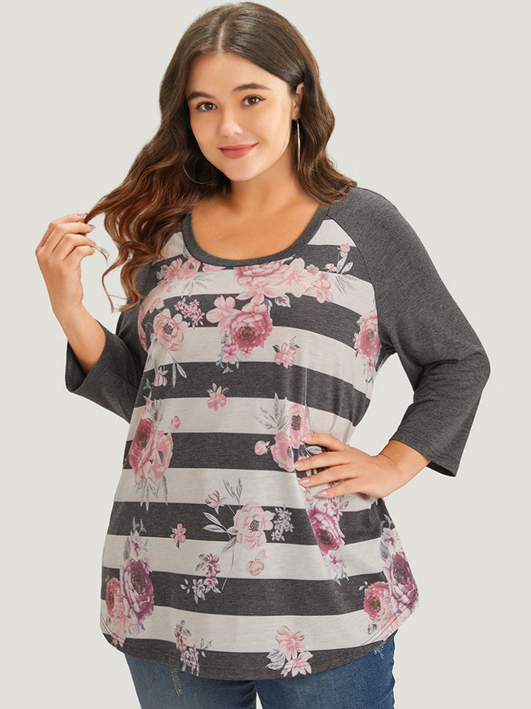 Striped Floral Patchwork Round Neck Raglan Sleeve T-shirt