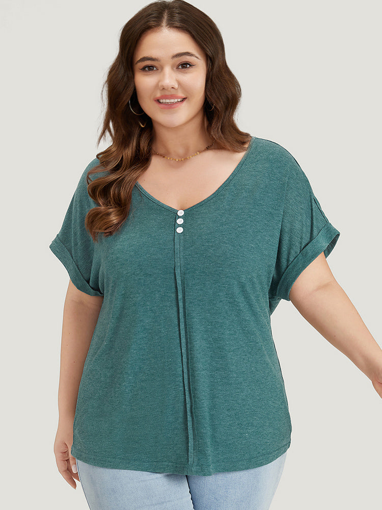 Plain V Neck Button Detail Roll Dolman Sleeve T-shirt