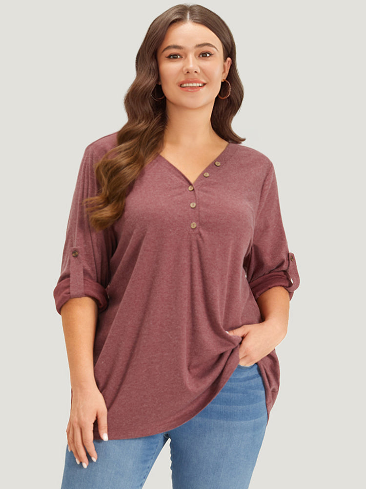 Plain V Neck Button Up Tab Sleeve T-shirt