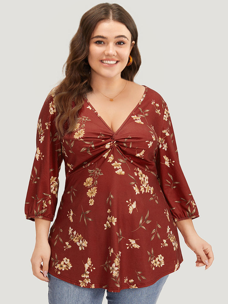 Floral Print Twist Front Ruched Lantern Sleeve T-shirt