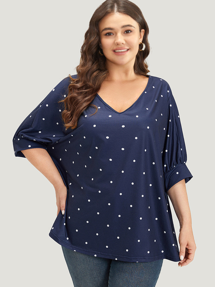 Polka Dot V Neck Lantern Sleeve T-shirt