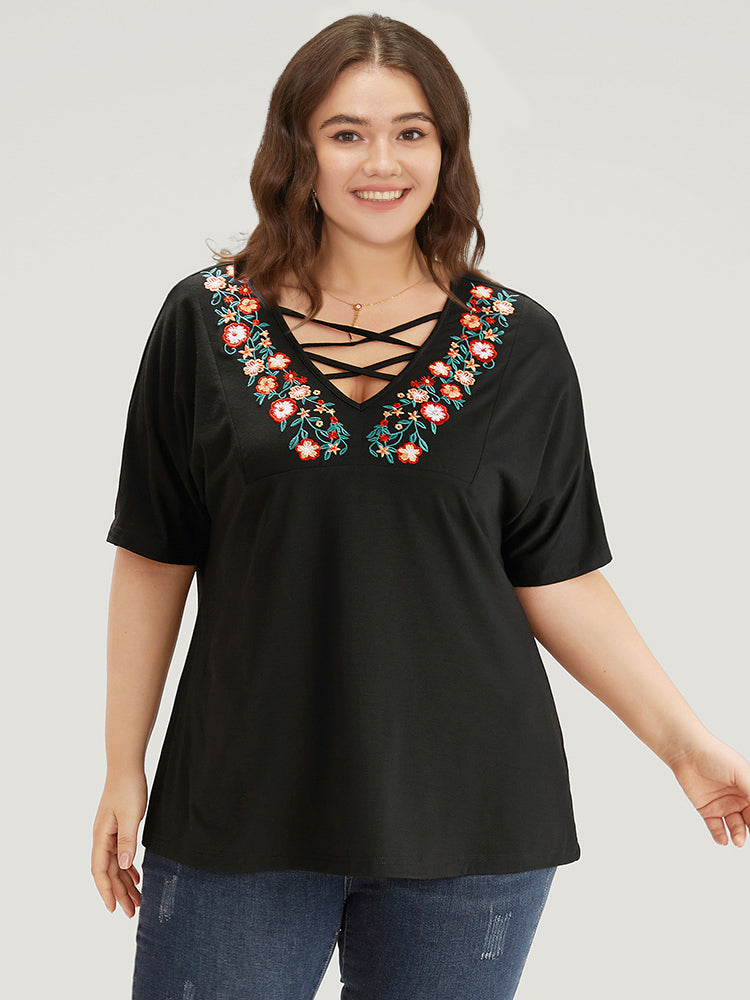 Floral Embroidered Crisscross Batwing Sleeve T-shirt