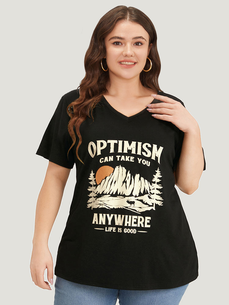 Landscape & Letter Print V Neck T-shirt