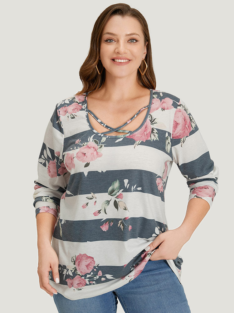 Floral Striped Patchwork Crisscross T-shirt