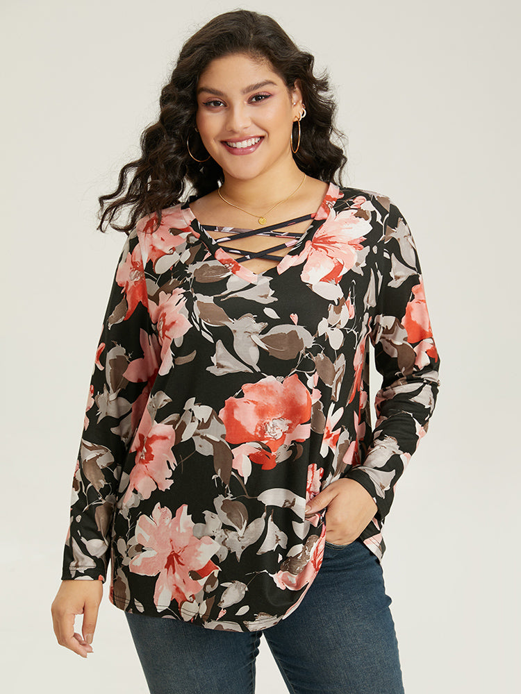 Floral Print Crisscross V Neck T-shirt