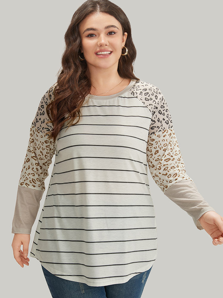 Leopard Striped Patchwork Raglan Sleeve T-shirt