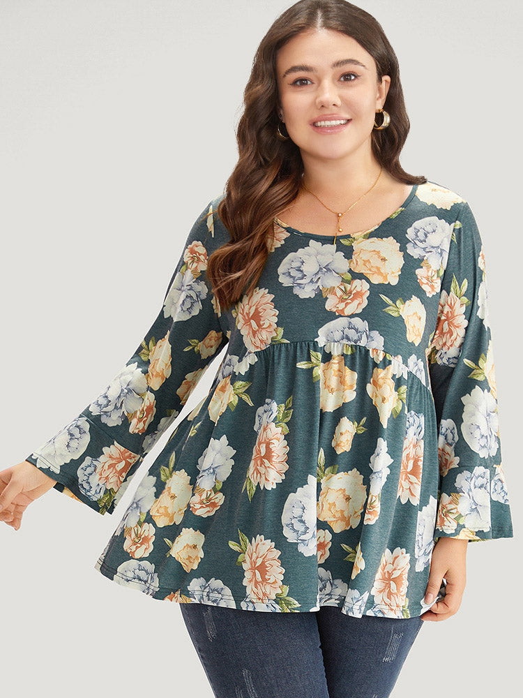 Floral Print Crew Neck Gathered Flutter Hem Bell Sleeve T-shirt