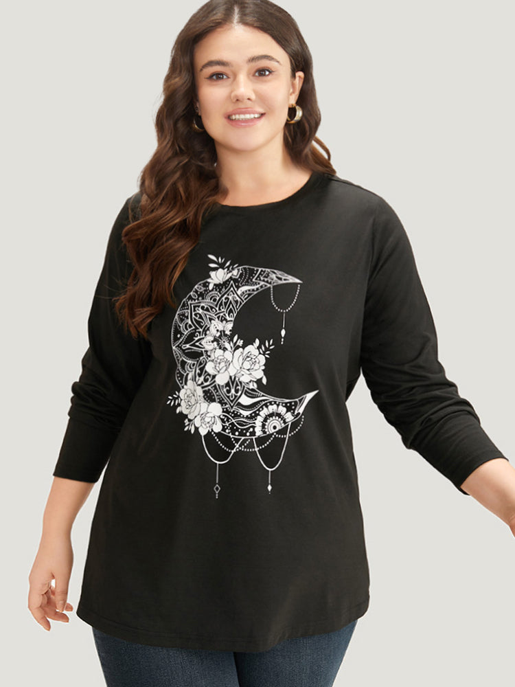 Moon & Floral Print Round Neck T-shirt