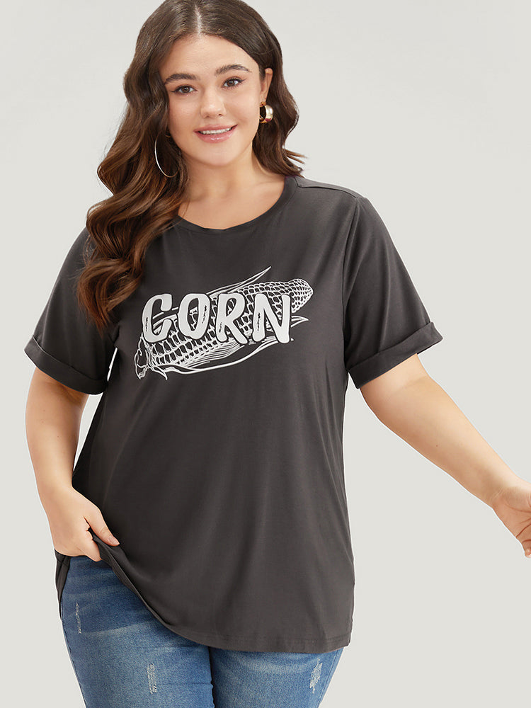 Corn Print Round Neck Roll Sleeve T-shirt