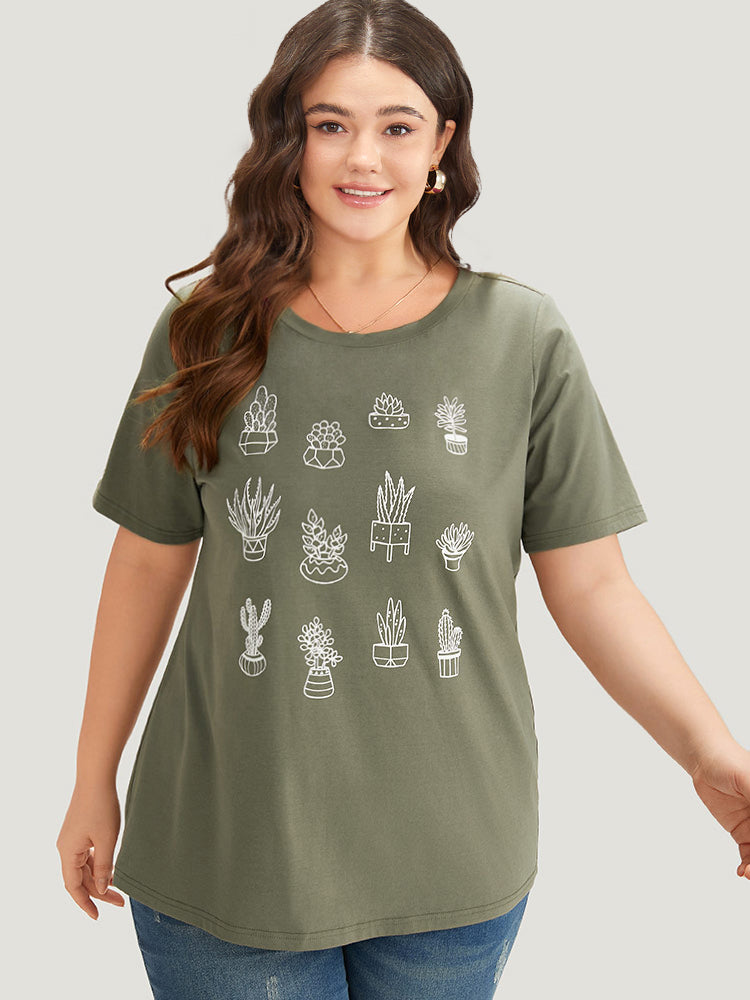 Plants Print Round Neck T-shirt