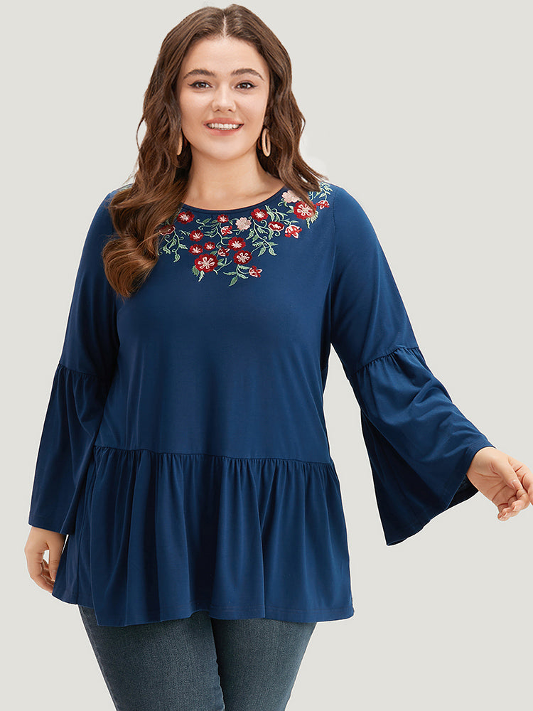 Floral Embroidered Bell Sleeve Crew Neck T-shirt