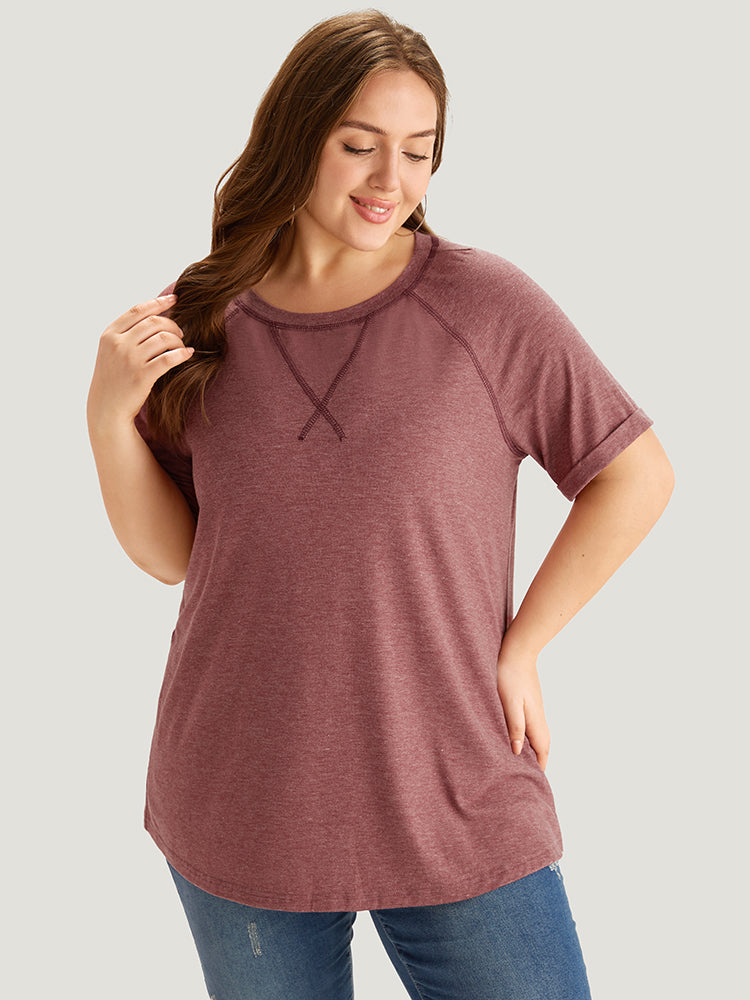 Plain Crew Neck Stitch Roll Sleeve T-shirt