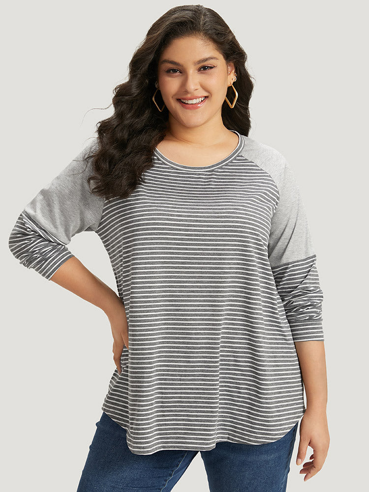 Striped Patchwork Crew Neck Raglan Sleeve T-shirt