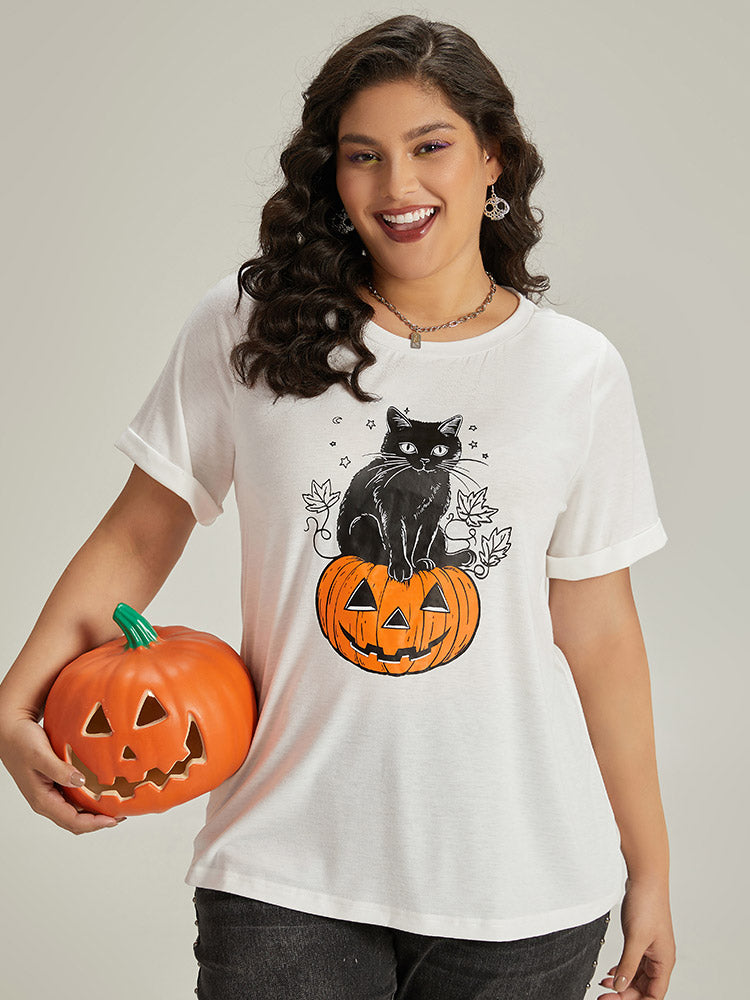 Halloween Pumpkin & Cat Print Crew Neck T-shirt