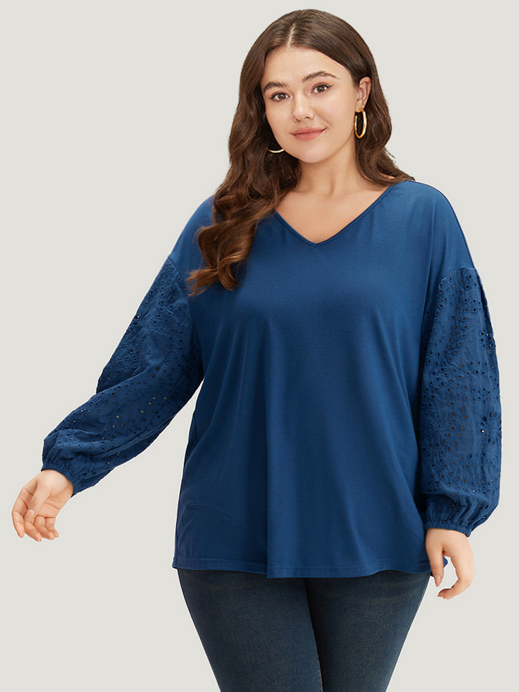 V Neck Broderie Anglaise Patchwork Lantern Sleeve T-shirt