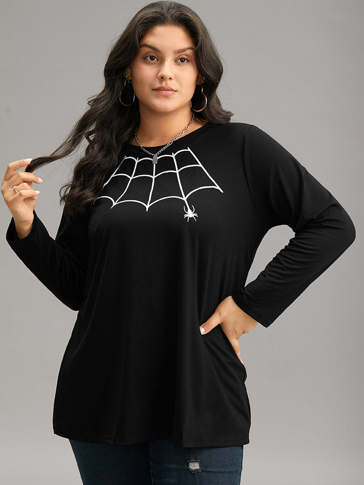 Halloween Spider Web Print Round Neck T-shirt