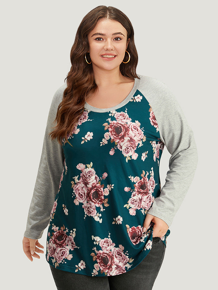 Floral Contrast Raglan Sleeve T-shirt