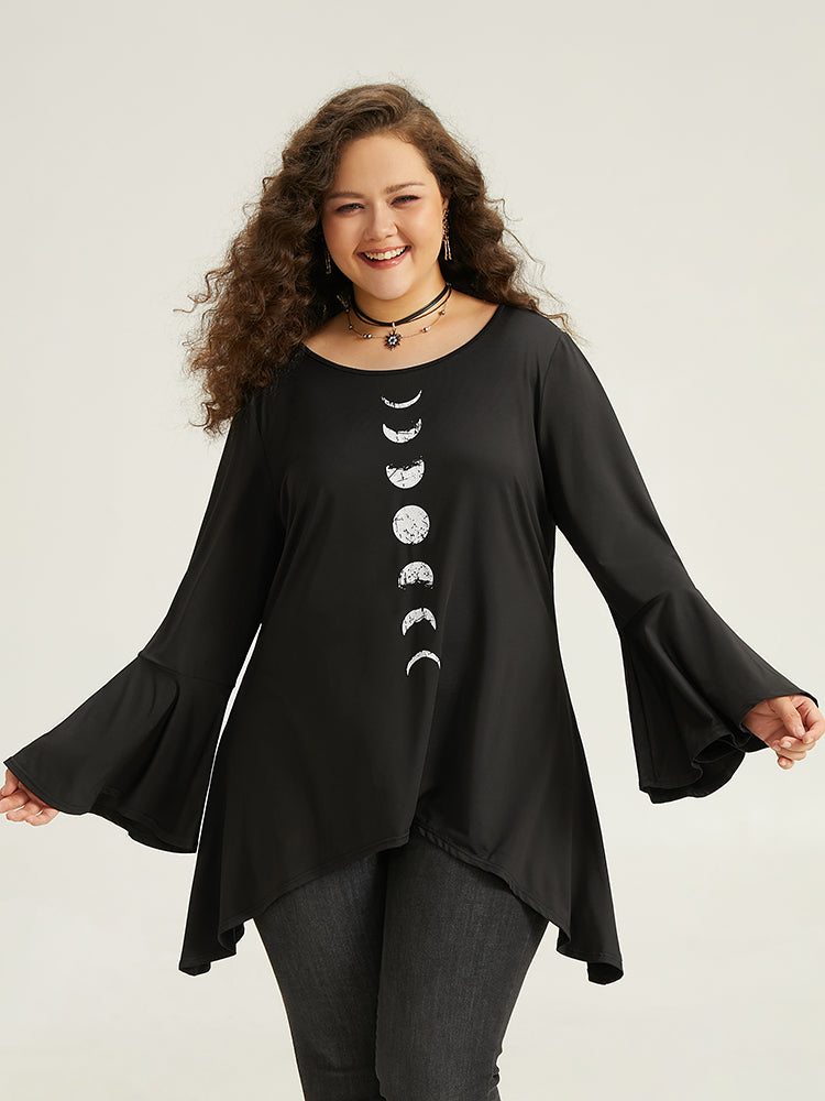 Halloween Moon Print Bell Sleeve Hanky Hem T-shirt