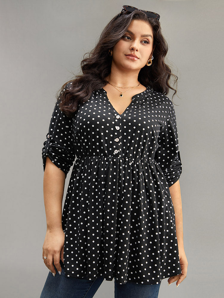 Polka Dot Button Detail Notched T-shirt