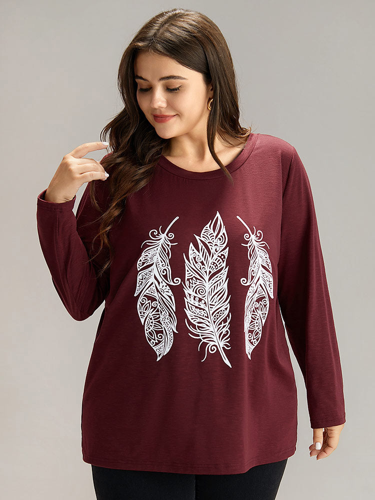 Feather Print Round Neck T-shirt