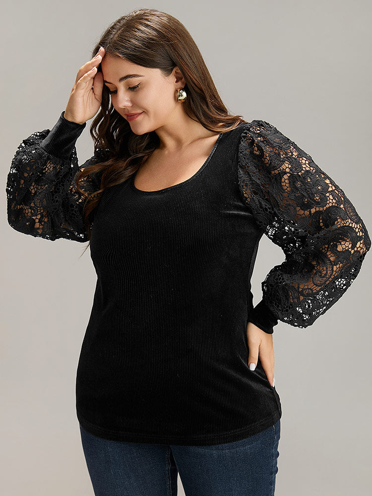 Lace Patchwork Square Neck Lantern Sleeve T-shirt