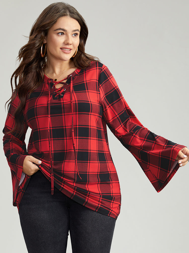 Plaid Lace Up Tie Neck Bell Sleeve T-shirt