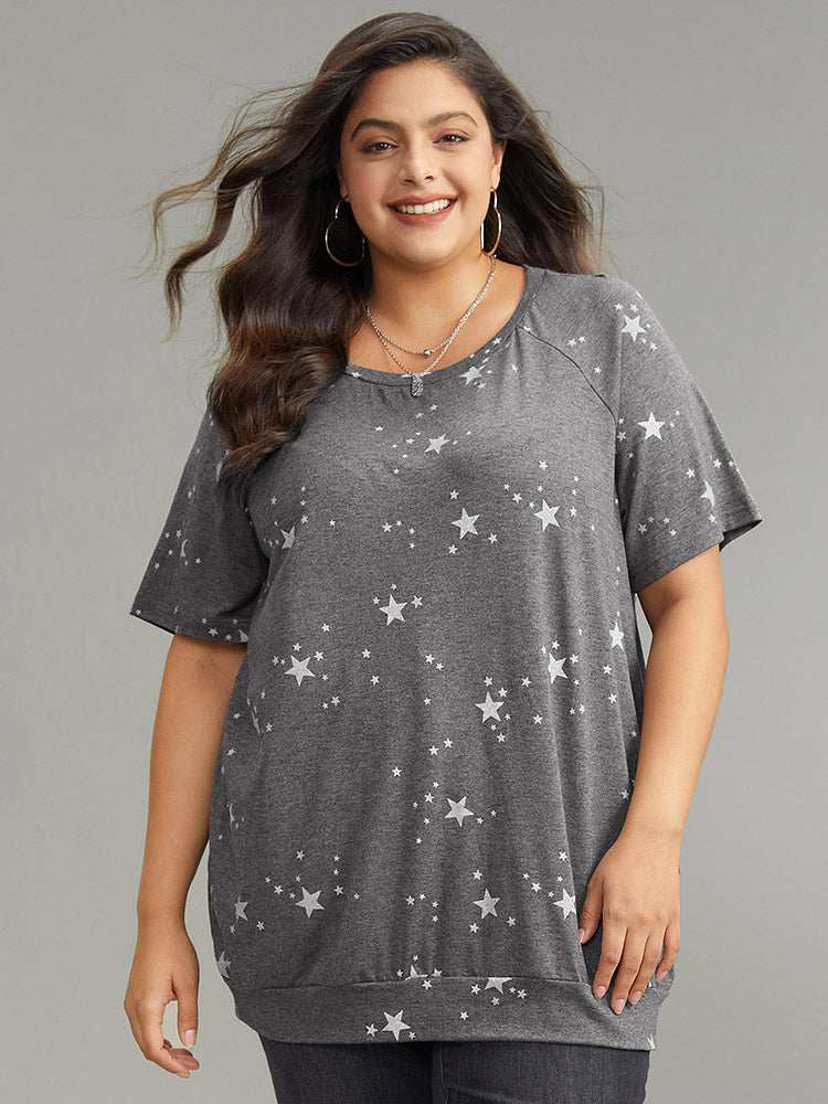 Star Print Raglan Sleeve Crew Neck T-shirt