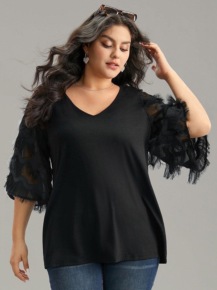 Solid Textured Tassel Trim Ruffle Sleeve T-shirt