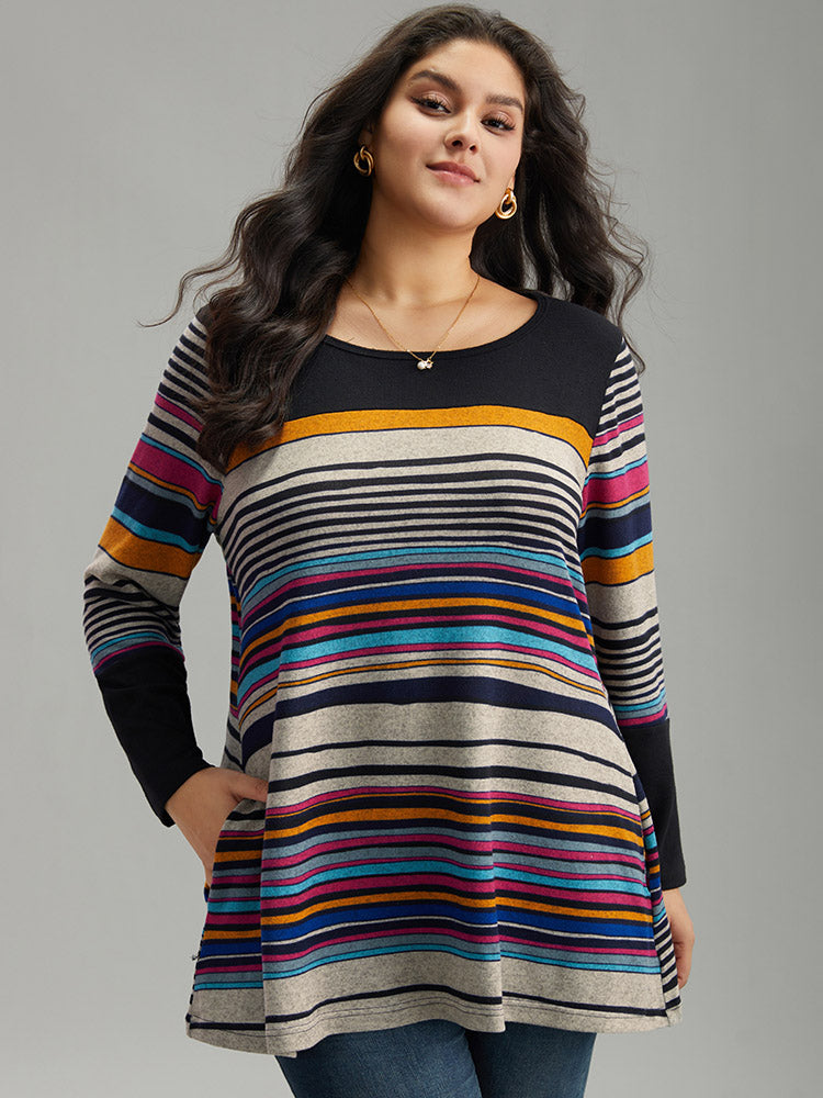 Colour Striped Contrast Patchwork Pocket T-shirt