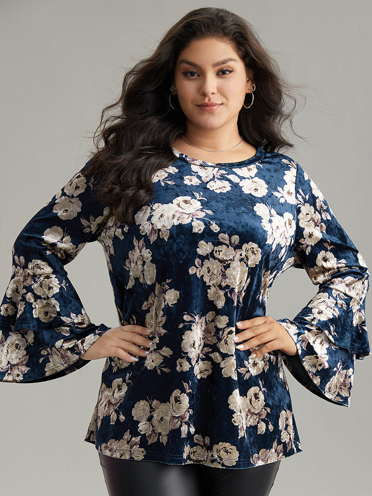 Velvet Floral Tiered Flounce Sleeve T-shirt